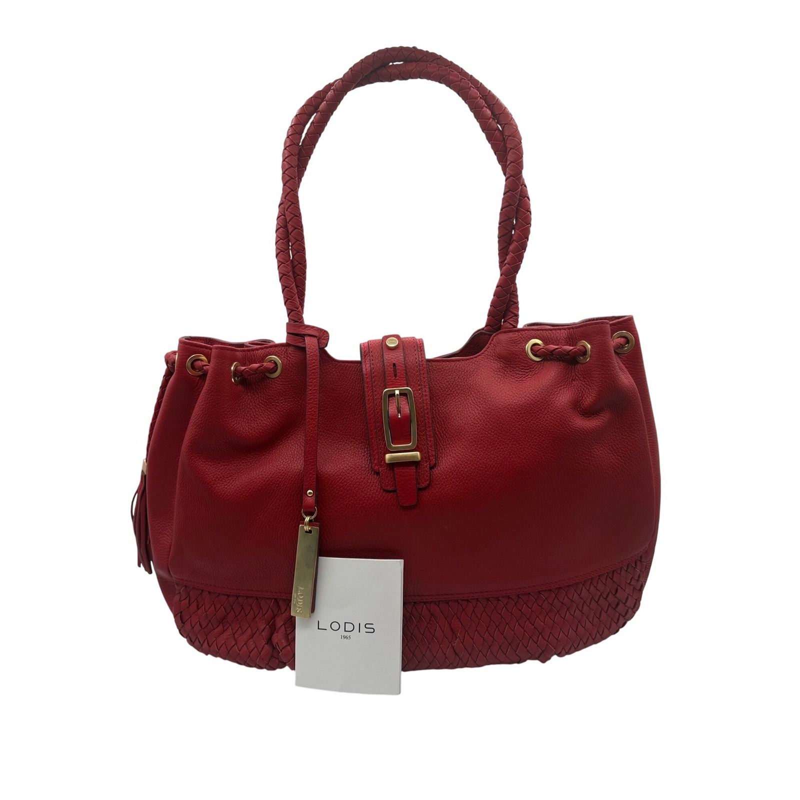 Lodis Tote Bag Womens Large Red Excellent Leather Woven Braided Tassel Buckle